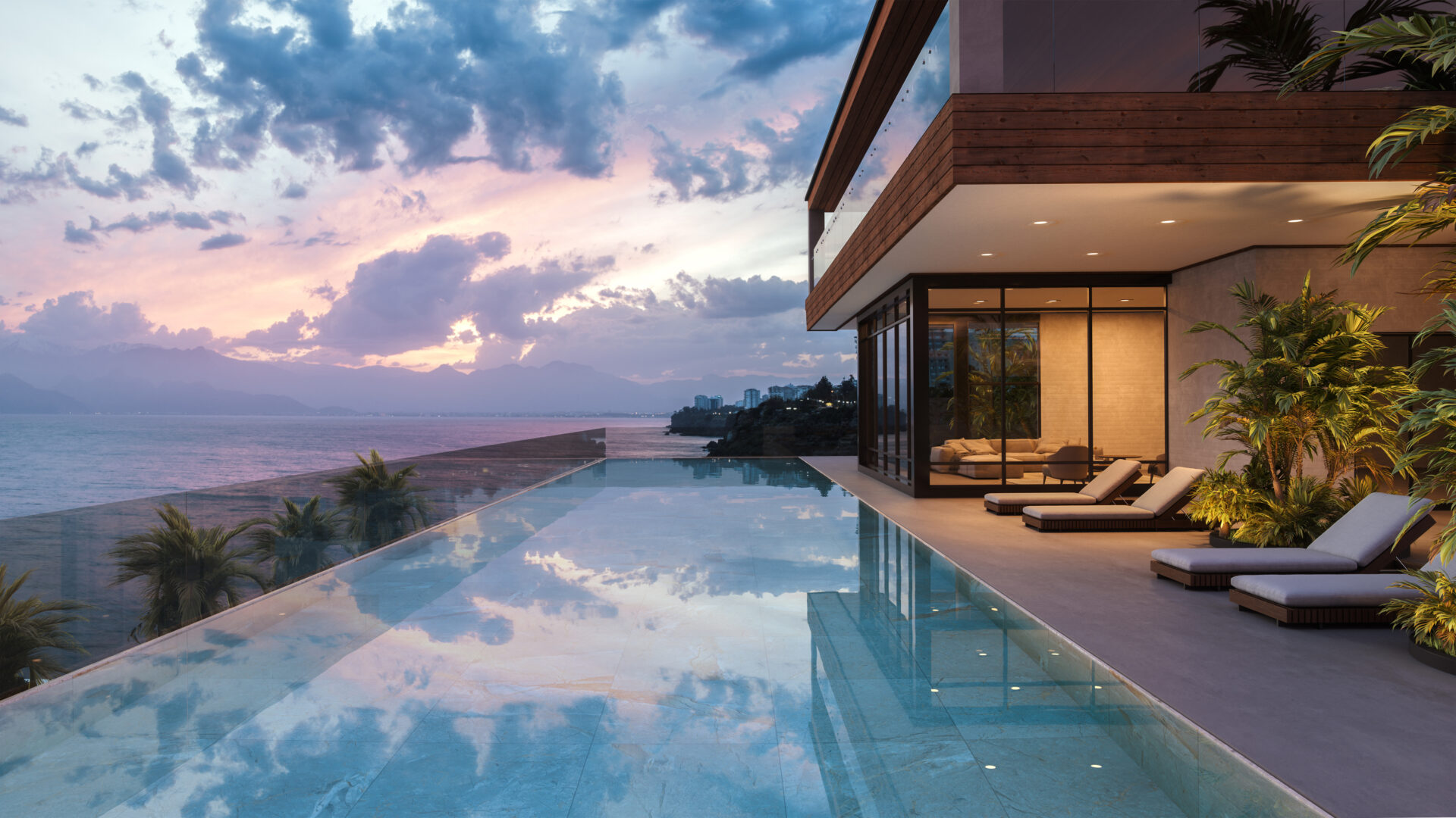 A pool with a view of the ocean and sky