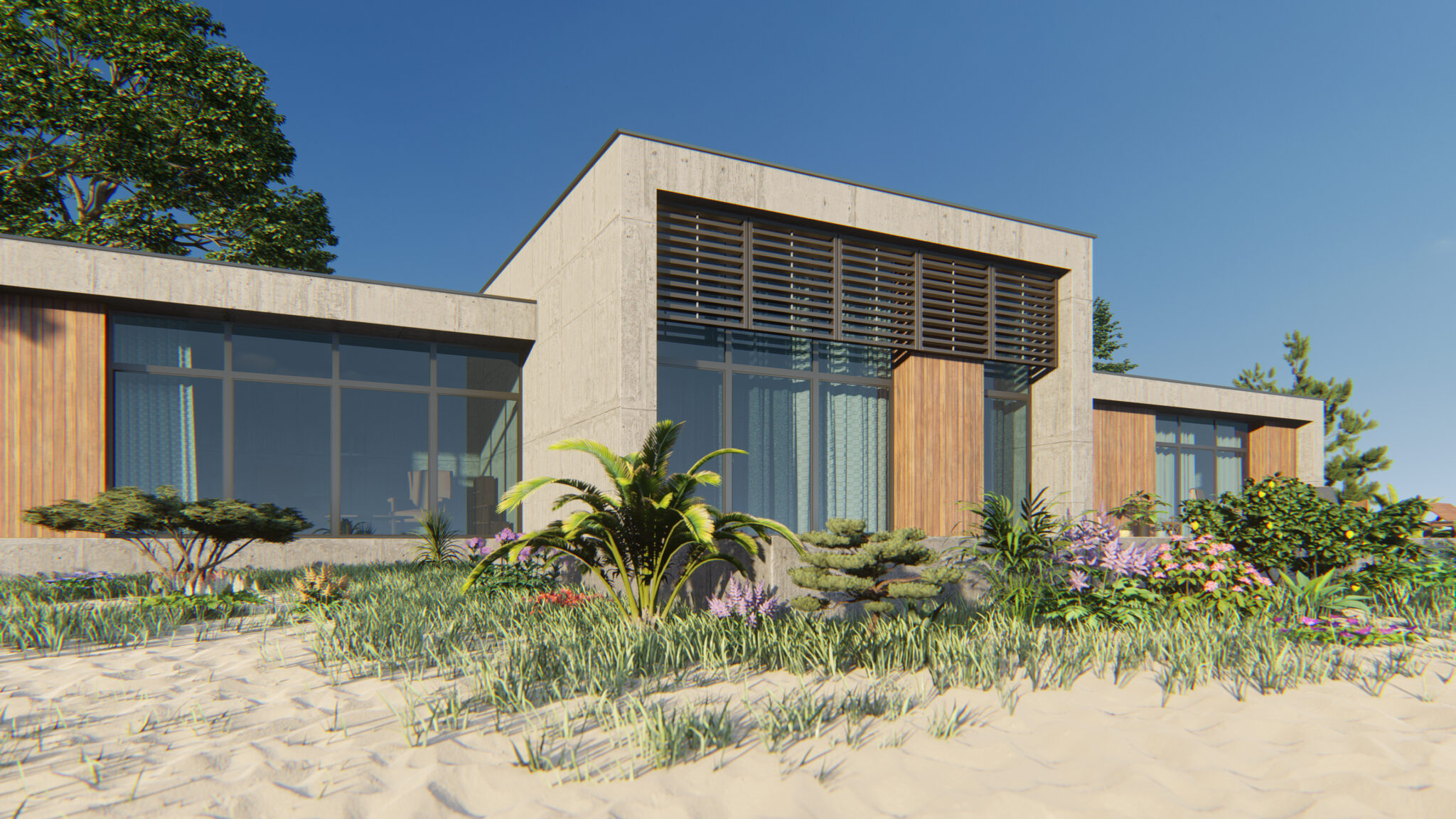 3d rendering of modern beach house exterior.